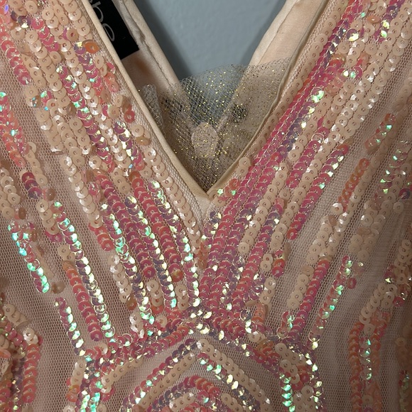 Bebe coral pink sequin double v neck flare sequin mesh top mini dress size XS - Picture 7 of 11